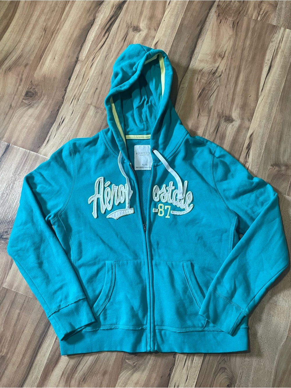 2014 Aeropostale Teal 87 Varsity Logo Full Zip Hooded Fleece Jacket Med Y2K